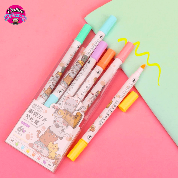 Cute Dual Side Pastel Highlighters Markers Set 6 Pcs