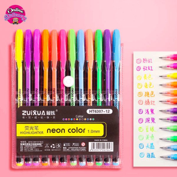 Neon Color Glitter Highlighter Gel Pen Pack of 12