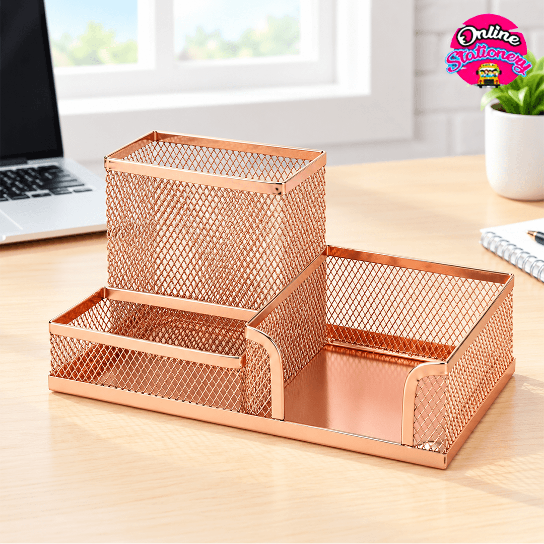 Rose Gold 3 Compartment Metal Mesh Desk Organizer