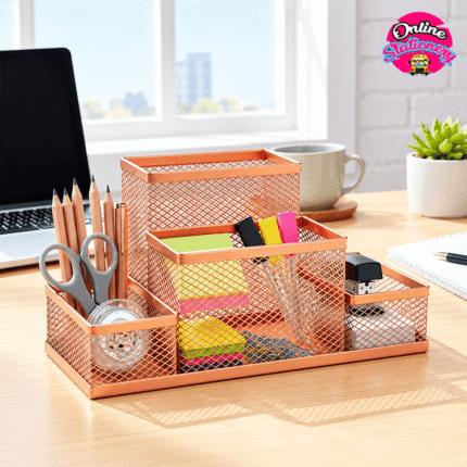 Rose Gold 4 Compartment Metal Mesh Desk Organizer