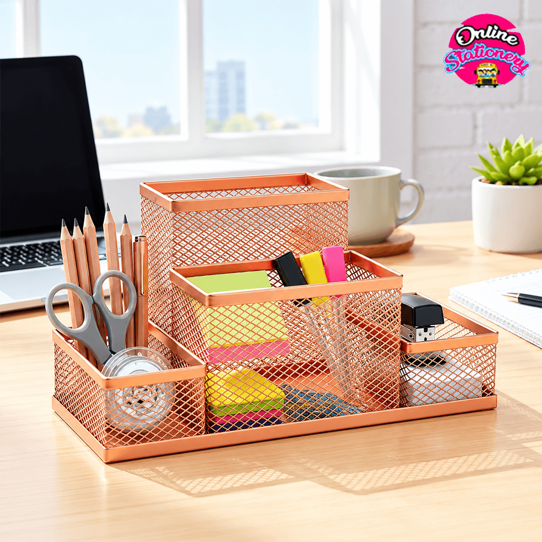 Rose Gold 4 Compartment Metal Mesh Desk Organizer