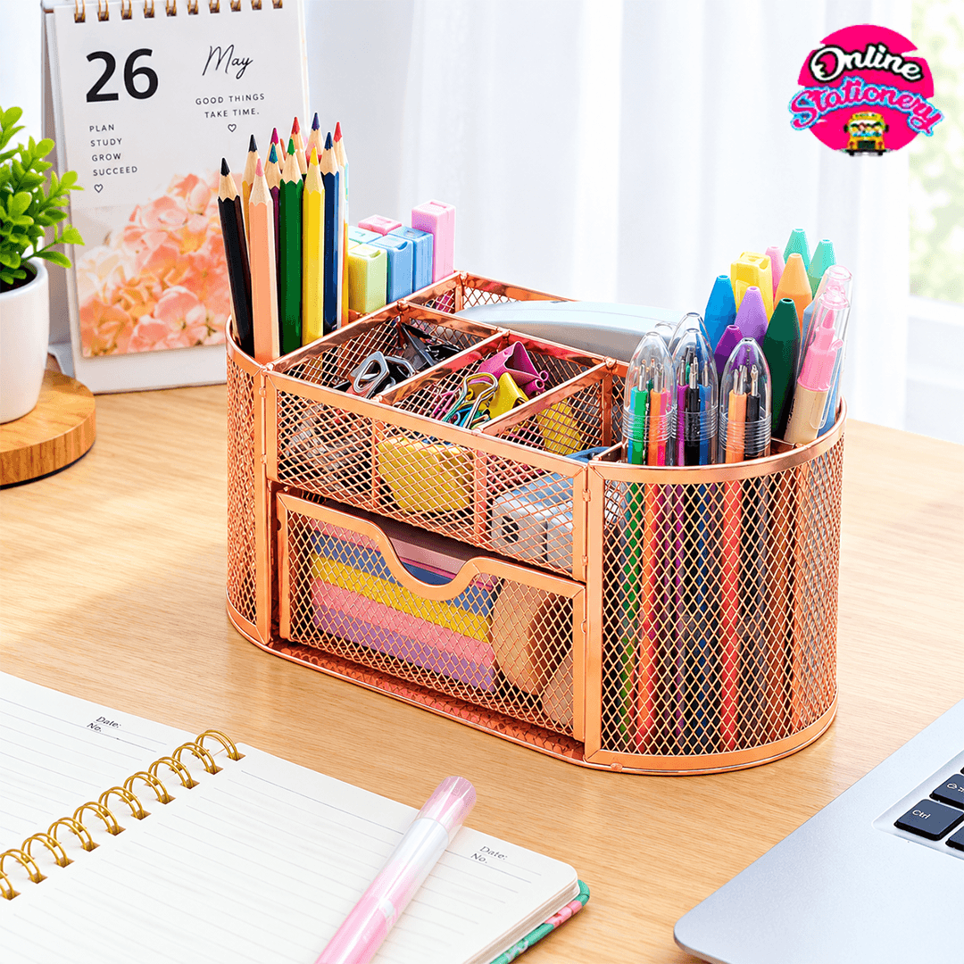 Rose Gold 9 Compartment Metal Mesh Desk Organizer